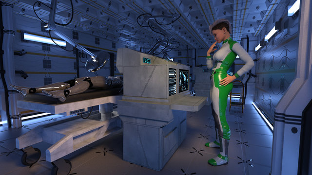 Spaceship Medical Bay With Female Travelers 3D Rendering