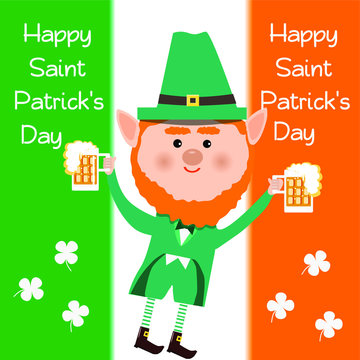 Saint Patrick and clover and beer on white background