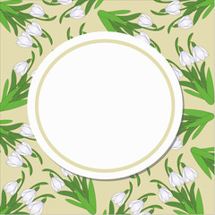 round card on a pattern of snowdrops on a beige background