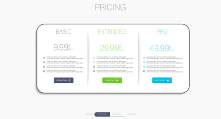 Price list, hosting plans and web boxes banners design. three tariffs. interface for the site. ui ux vector banner for web app.