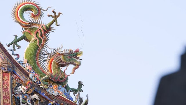 Colourful dragon sculpture on roof top of Dalongdong Baoan Temple in Taipei, Taiwan.