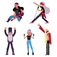 Obraz premium Set of old, elder, senior rock musicians, singers, guitarist, cartoon vector illustration isolated on white background. Set of elder old rock band participant, singer, bandleader, guitarist characters