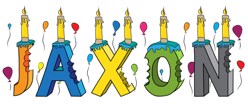 Jaxon male first name bitten colorful 3d lettering birthday cake with candles and balloons