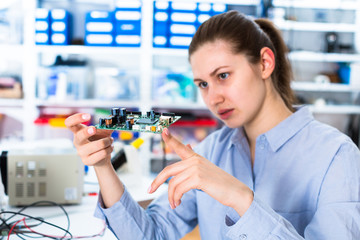Young woman in electronics repair service center
