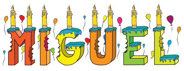 Miguel male first name bitten colorful 3d lettering birthday cake with candles and balloons