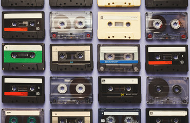 Vintage audio cassettes blue background