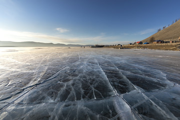 sunrise over frozen lake Khuvsgul in northern Mongolia
