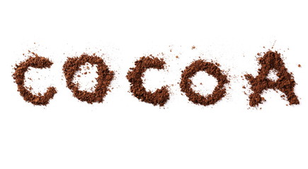 Cocoa written with cocoa powder isolated on white, with clipping path