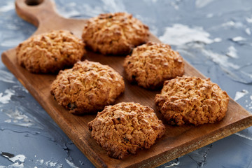 Top view close-up picture of tasty cookies on the cutting board, shallow depth of field, selective focus