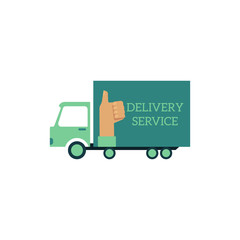 Vector flat delivery vehicle with delivery service advertising with thumbs up hand icon. Shipping logistics cargo transport, car truck or van. Isolated illustration on a white background