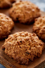 Top view close-up picture of tasty cookies on the cutting board, shallow depth of field, selective focus