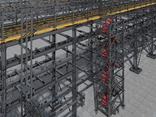 Shiny overpass for cables, gas and oil pipelines from columns, beams and ties. Architectural, engineering and construction hair dryer. 3D rendering.