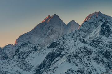 Fototapeta premium Winter mountain landscape, Rysy and Wysoka peaks in tatra mountains
