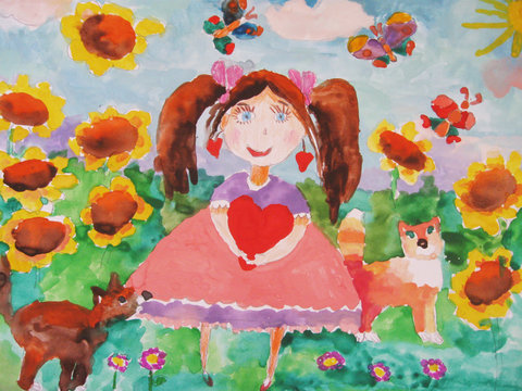 Child's drawing of a girl on a meadow with a sunflower