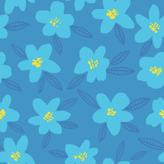Fototapeta na wymiar Spring bright seamless floral pattern with blue hand drawn flowers on blue background. Ditsy print. Vector illustration