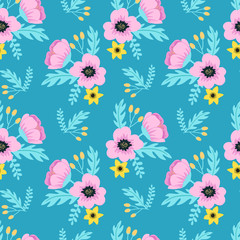 Elegant spring colorful seamless floral pattern with pink and yellow flowers on teal background. Ditsy print. Vector illustration