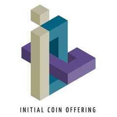 Initial coin offering flat isometric vector concept. People with laptops are sitting and standing around big letters ICO.