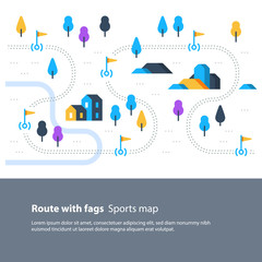 Trail map with flags, outdoor sport activity, countryside landscape, hiking itinerary