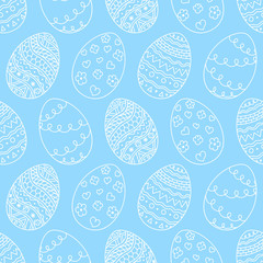 Vector seamless simple pattern with easter eggs. Easter holiday blue background of doodle eggs