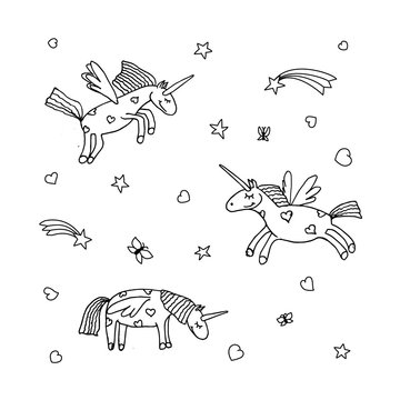 Vector set of cute cartoon unicorn. Illustration of unicorns. Coloring page book