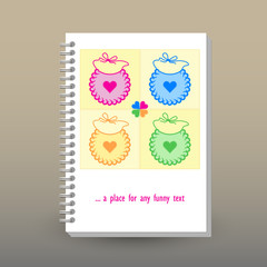 vector cover of diary or notebook with ring spiral binder - format A5 - layout brochure concept - cute pastel colored - patchwork pattern with baby bibs