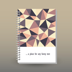 vector cover of diary or notebook with ring spiral binder - format A5 - layout brochure concept - retro yellow, brown, orange, mauve, violet and purple colored -  polygonal triangle pattern