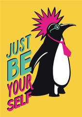 Pop art poster with penguin punk. Humorous illustration.