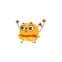 Funny hamburger character with happy human face, running excitedly, waving hands, cartoon vector illustration isolated on white background. Cartoon smiling hamburger character, mascot with human face