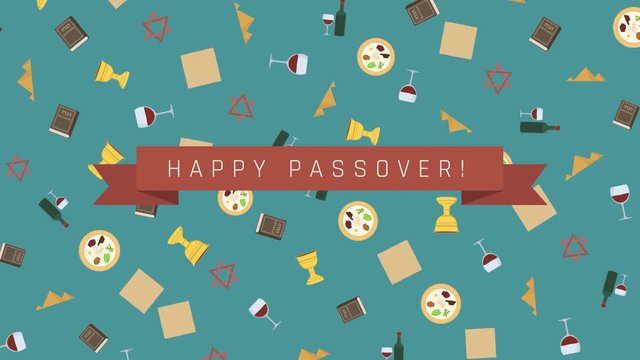 Passover holiday flat design animation background with traditional symbols and english text