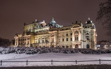 Fototapeta na wymiar Krakow, Poland, night winter view of city theater