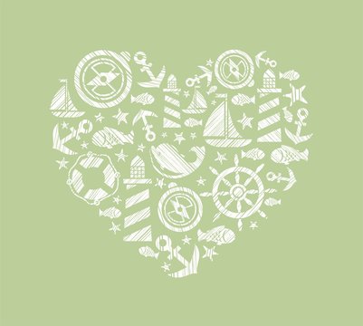 Sea heart background, green, vector. Dolphin, fish and attributes sea travel. White icons in the shape of a heart. Vector picture. Hatching with a white pencil on a green field. Imitation. 