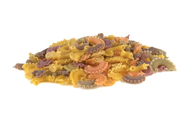 multicolored pasta on white background