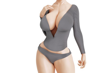 Busty woman with big cleavage in grey dress with deep neckline