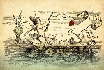 Vintage Valentine card with copyspace: cute Cupid fishes hearts with bow and arrows from a pond