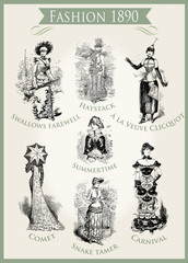 Fashion 1890 caricature and fun: very unpredictable outfits appropriate for a Carnival party