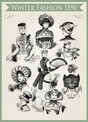Fashion 1890 caricature and fun:  unpredictable winter outfits and headdresses with fur, ready for a party