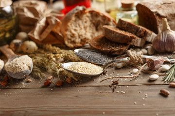 Fresh bread on the village table. Ingredients.