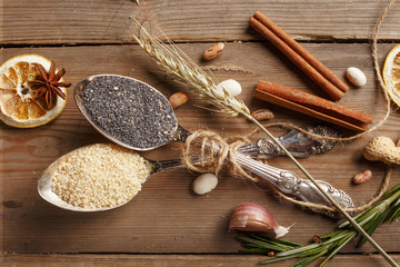 Fresh bread on the village table. Ingredients.