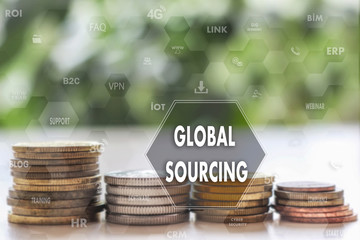 GLOBAL SOURCING  against on the touch screen with a  blur financial background .The concept GLOBAL...