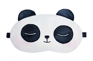 Panda sleeping eyemask water color drawing. One single object, personal accessory. Black and white happy face, closed eyes, pink cheeks. Hand drawn graphic illustration on white background, cutout.