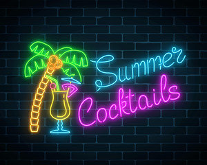 Neon summer cocktails bar sign. Glowing gas advertising with pina colada alcohol shake and palm.