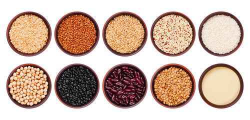 Healthy various cereals, grains and beans in the bowls, isolated