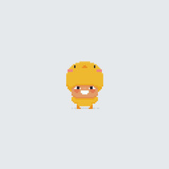Pixel art happy kid in chick costume isolated on white background