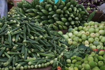 tropical green fruits and vegetables at the market