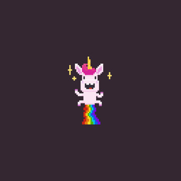 Fototapeta Pixel art flying happy unicorn with a rainbow poop and sparkles
