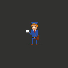 Pixel art mailman in blue uniform holding an envelope