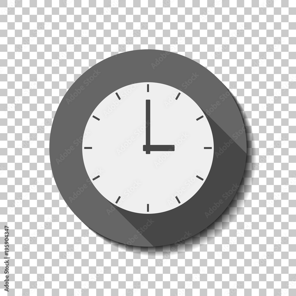 Wall mural simple clock icon. white flat icon with long shadow in circle on transparent background
