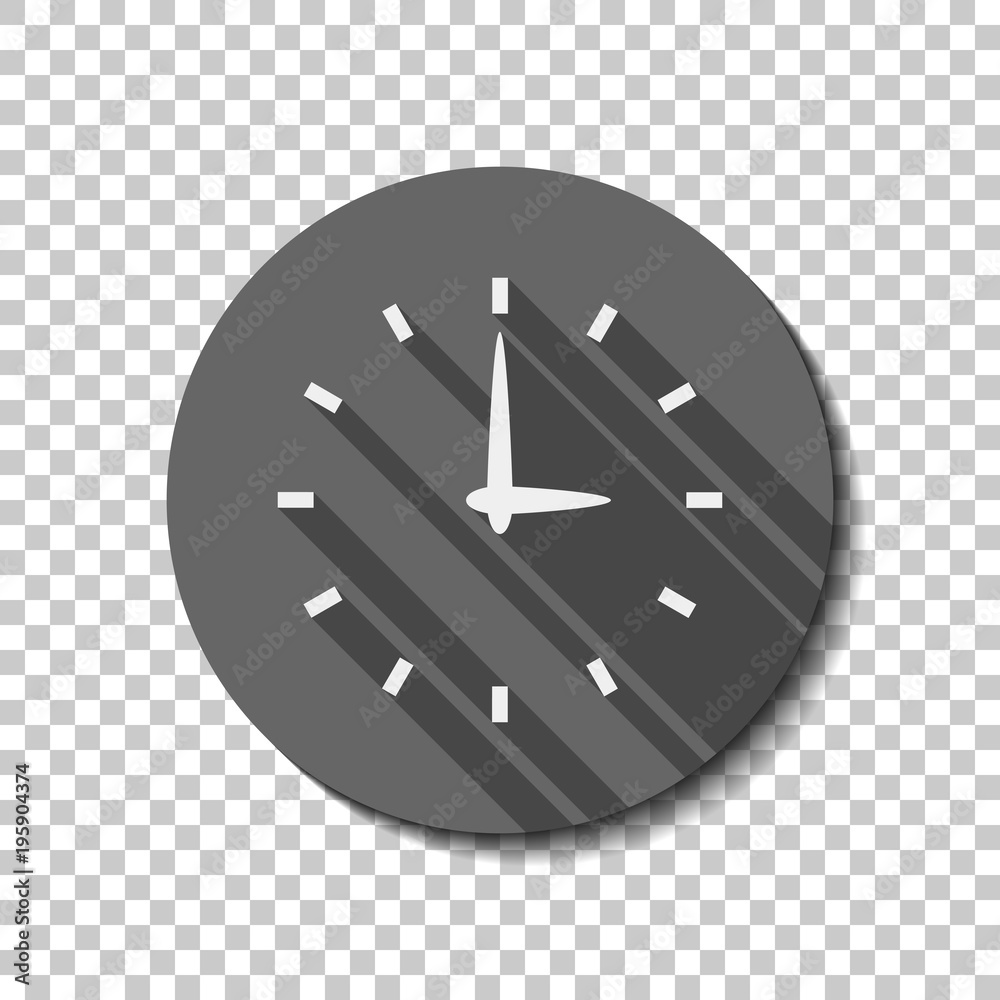 Wall mural simple icon of clock. white flat icon with long shadow in circle on transparent background
