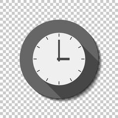 Simple clock icon. White flat icon with long shadow in circle on transparent background