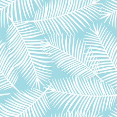white palm leaves on a blue background exotic tropical hawaii seamless pattern vector